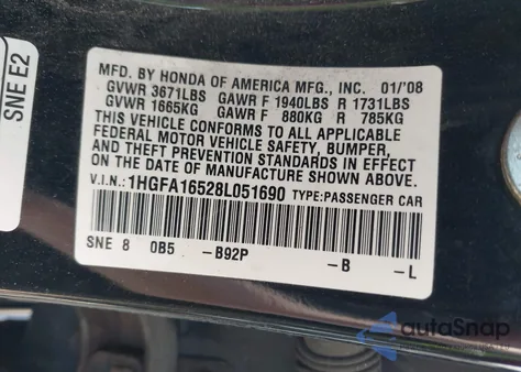 2008 Honda Civic Lx from USA, damaged, VIN 1HGFA16528L051690